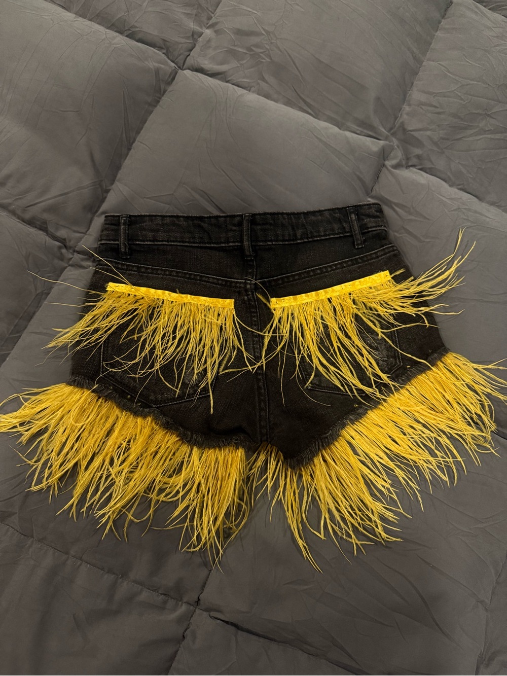 Mango Black Denim Shorts with Yellow Feather Trim
